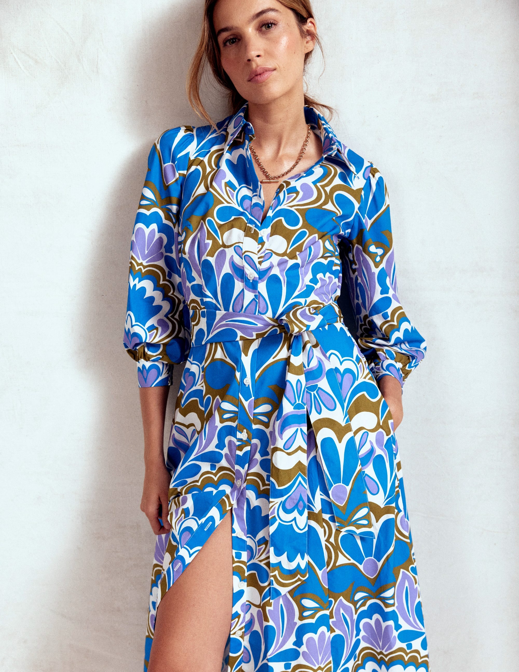 Clara Cotton Shirt Dress-Kingfisher Blue, Freesia Stamp - Image 1