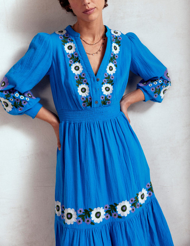 Robe midi Elena double-étoffe-Broderie bleue