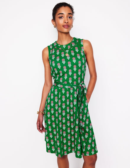Robe courte Mila en jersey-Émeraude profond, motif Dahlia Sprig