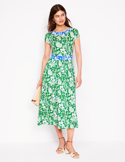 Robe midi Melanie en jersey-Émeraude profond, motif Wildflower Trail