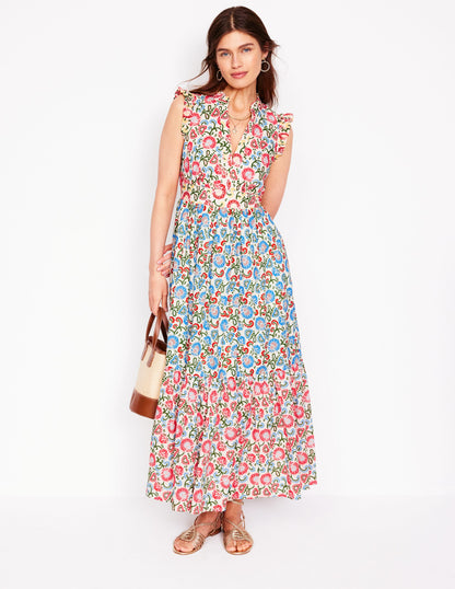 Robe midi Wren volantée-Ivoire, motif Garden Vine