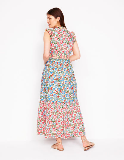 Robe midi Wren volantée-Ivoire, motif Garden Vine