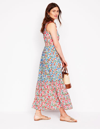 Robe midi Wren volantée-Ivoire, motif Garden Vine