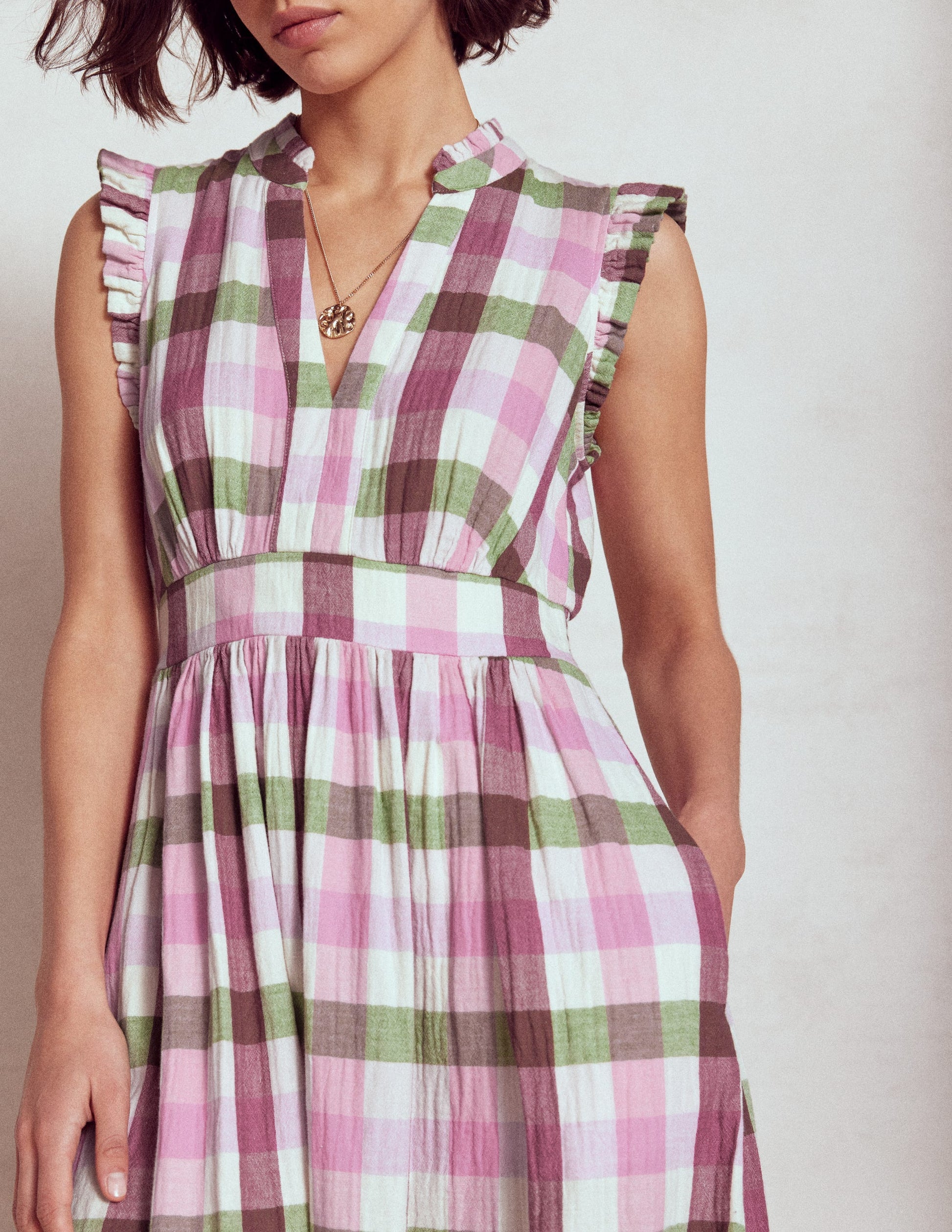 Wren Doppeltuch-Midikleid-Rosa und Grün Buntes Vichykaro-3