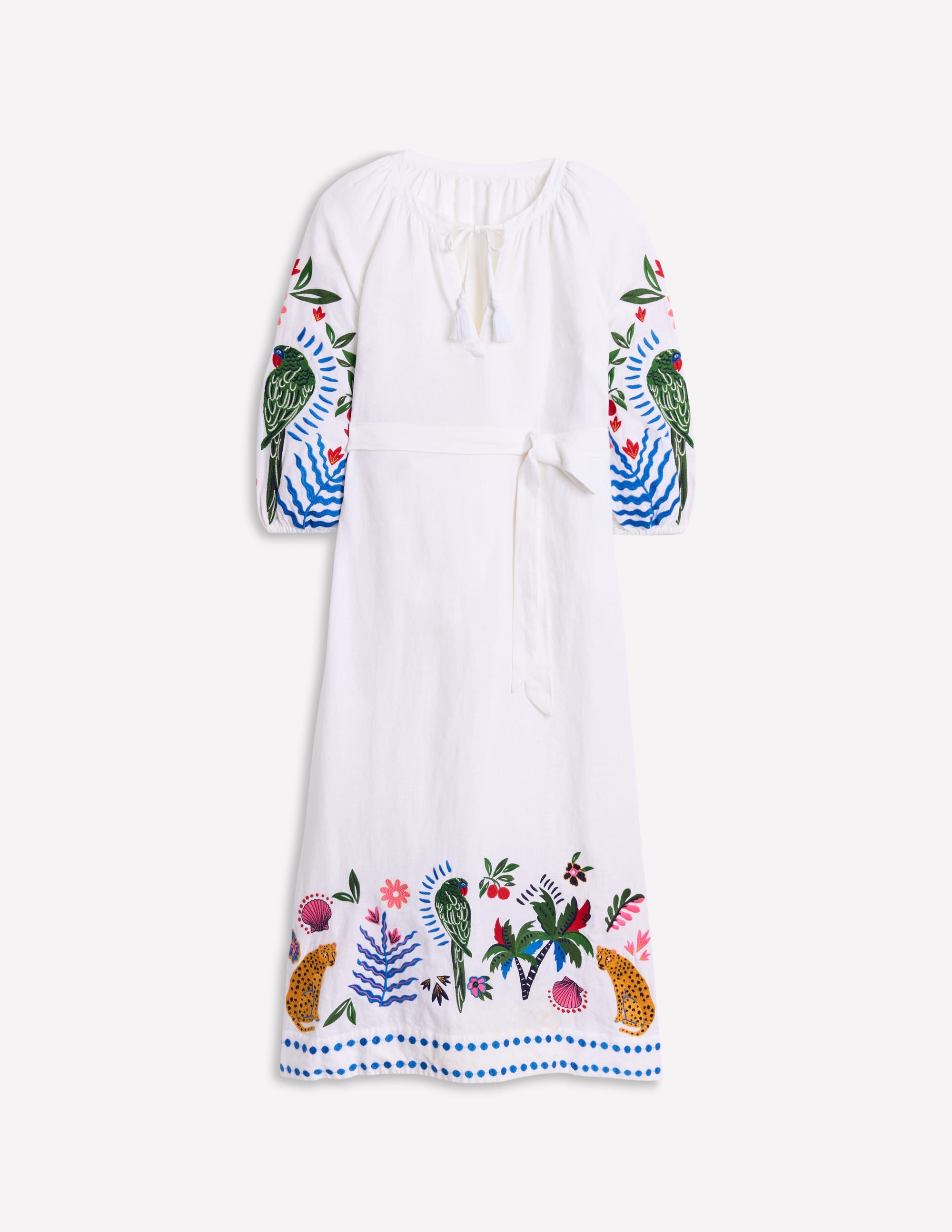 Besticktes Leinenkleid mit Quasten-Ivory and Navy Spot - Image 7
