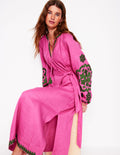 Robe brodée & à pampilles en lin-Rose sorbet