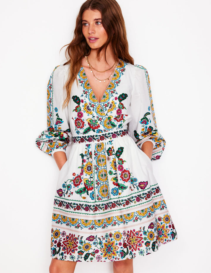 Robe courte Mya en coton-Ivoire, motif Botanical Spring