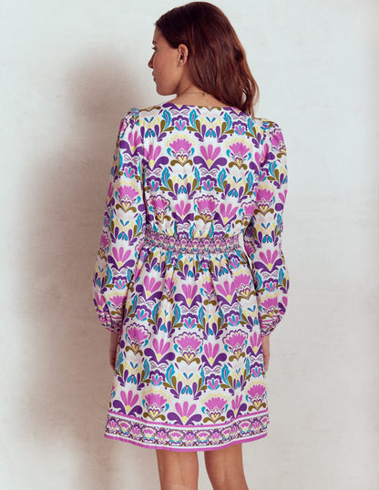 Mya Kurzes Baumwollkleid-Königliches Lila Freesienstempel-8