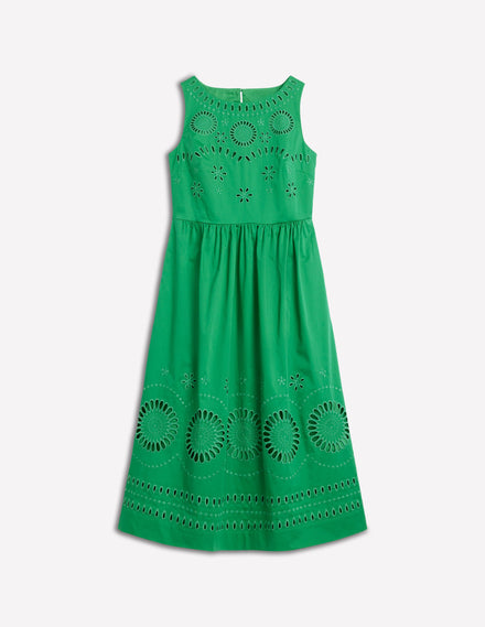 Lauren Midikleid mit Lochstickerei-Smaragdgrün, Lochstickerei