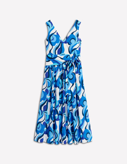 Ausgestelltes Kleid mit V-Ausschnitt und Gürtel-Blau, Abstrakte Wirbel-6
