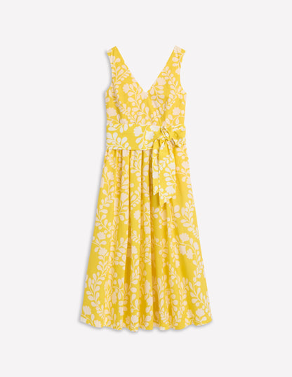 Ausgestelltes Kleid mit V-Ausschnitt und Gürtel-Gelb, Reben-Silhouette