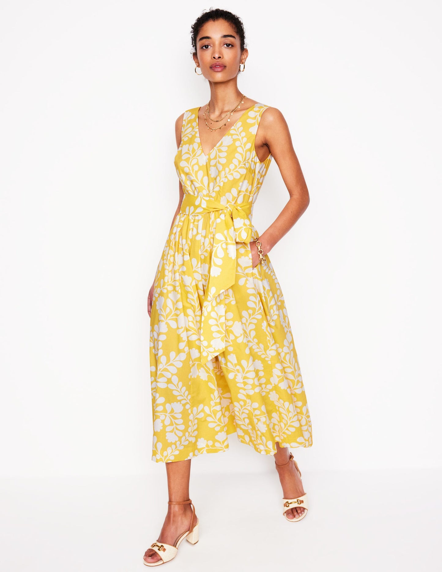 Ausgestelltes Kleid mit V-Ausschnitt und Gürtel-Gelb, Reben-Silhouette