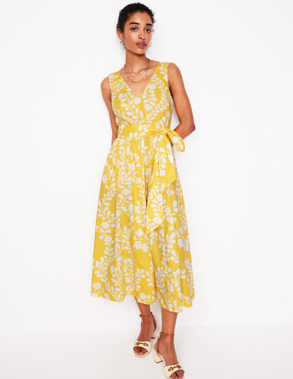 Ausgestelltes Kleid mit V-Ausschnitt und Gürtel-Gelb, Reben-Silhouette