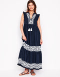 Gestuftes Kleid mit Bindeband am Ausschnitt-Marineblaue