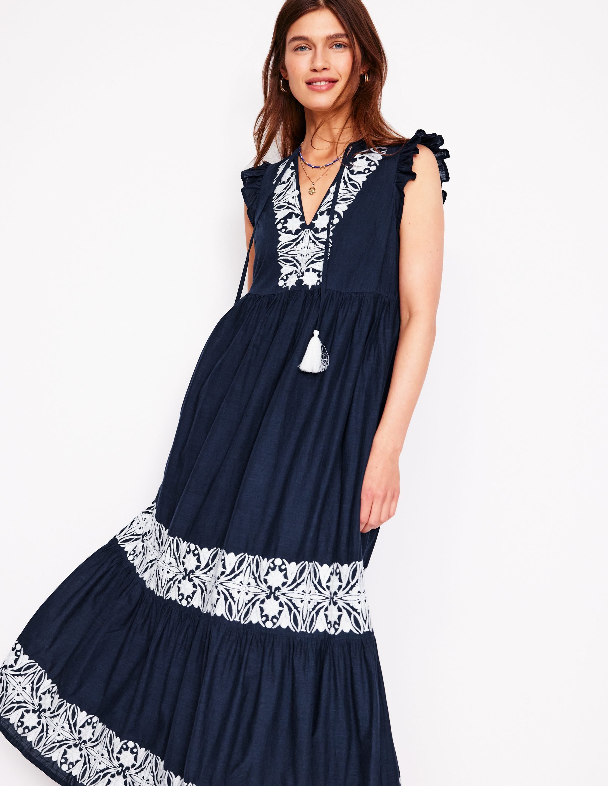 Gestuftes Kleid mit Bindeband am Ausschnitt-Marineblaue - Image 4