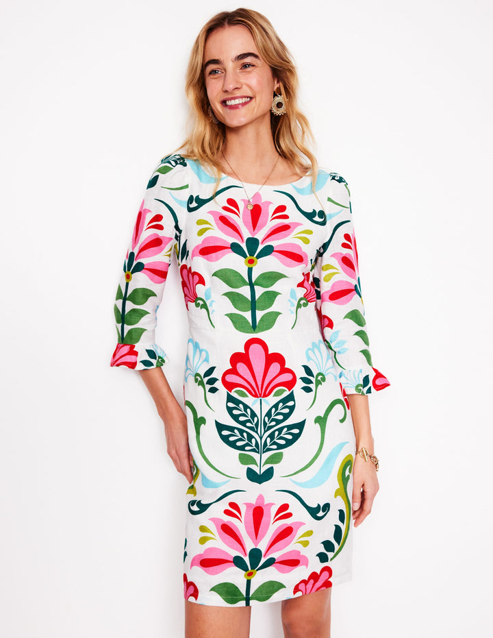 Leinenkleid mit Trompetenärmeln-Naturweiß, Dekorative Blütenstempel