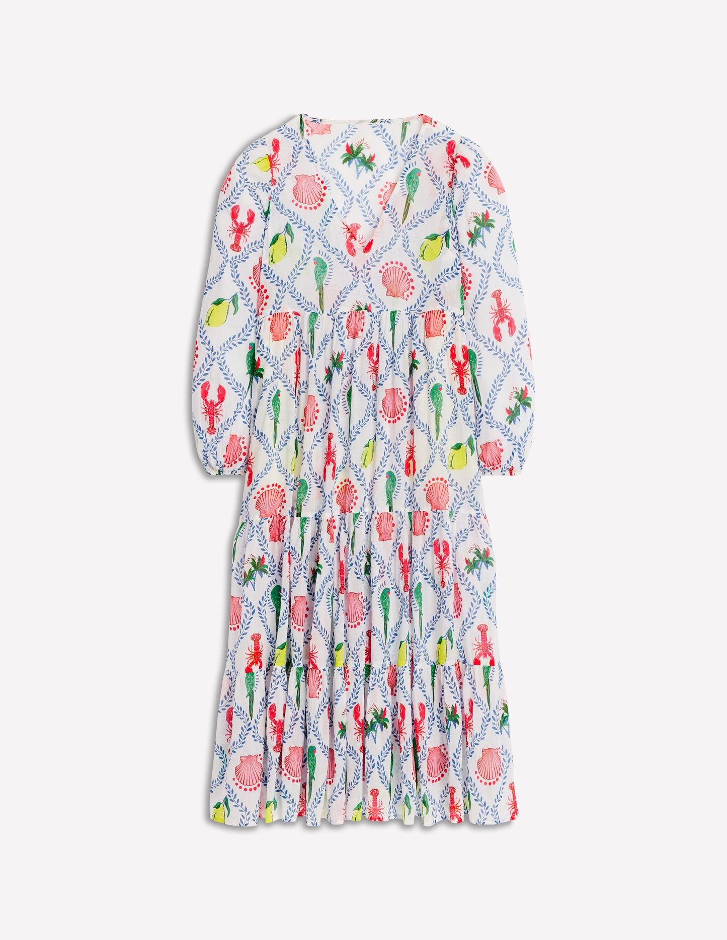 Gestufter Baumwollkaftan mit V-Ausschnitt-Naturweiß, Tropical Bonanza-Motiv