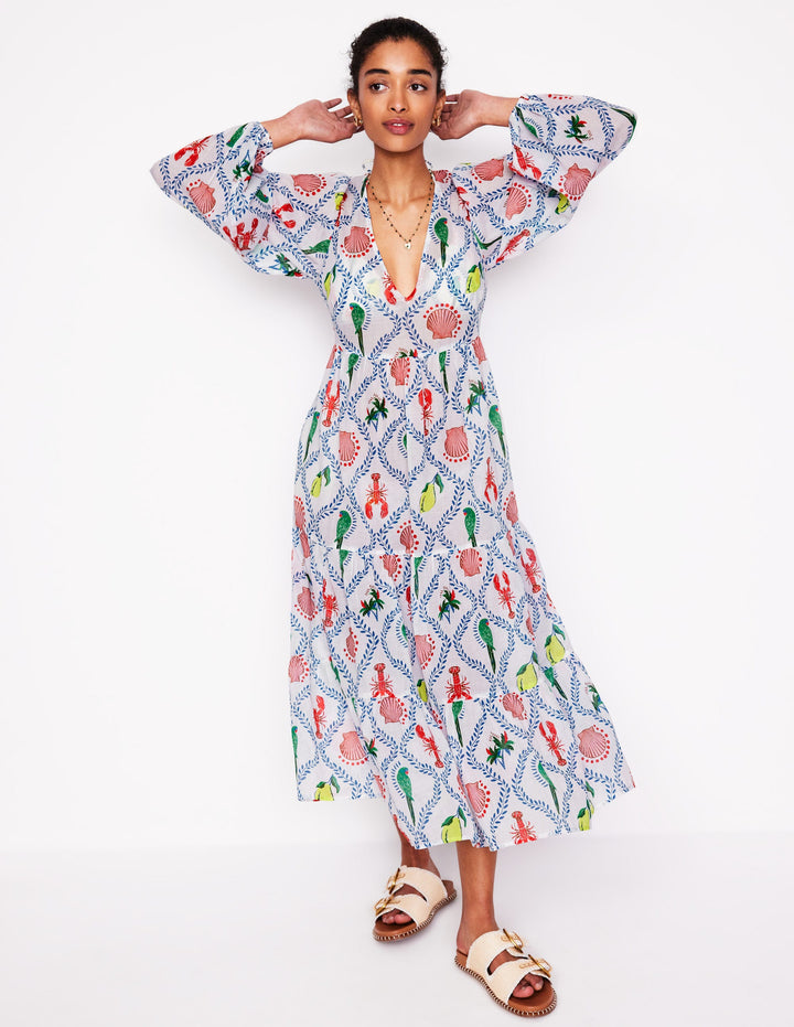 Gestufter Baumwollkaftan mit V-Ausschnitt-Naturweiß, Tropical Bonanza-Motiv