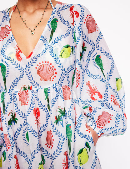 Gestufter Baumwollkaftan mit V-Ausschnitt-Naturweiß, Tropical Bonanza-Motiv