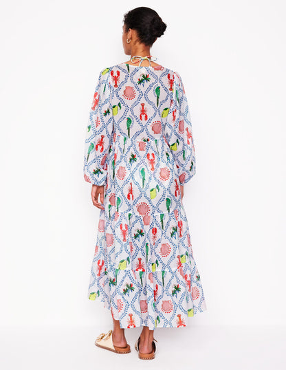 Gestufter Baumwollkaftan mit V-Ausschnitt-Naturweiß, Tropical Bonanza-Motiv