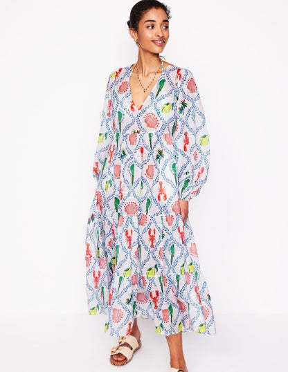 Gestufter Baumwollkaftan mit V-Ausschnitt-Naturweiß, Tropical Bonanza-Motiv
