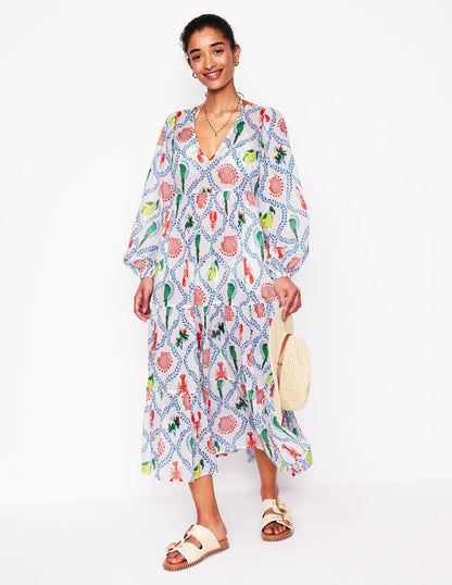 Gestufter Baumwollkaftan mit V-Ausschnitt-Naturweiß, Tropical Bonanza-Motiv
