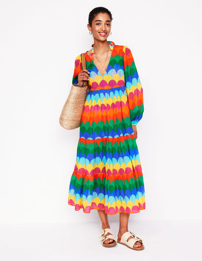 Gestufter Baumwollkaftan mit V-Ausschnitt-Bunt, Muschel-Streifen