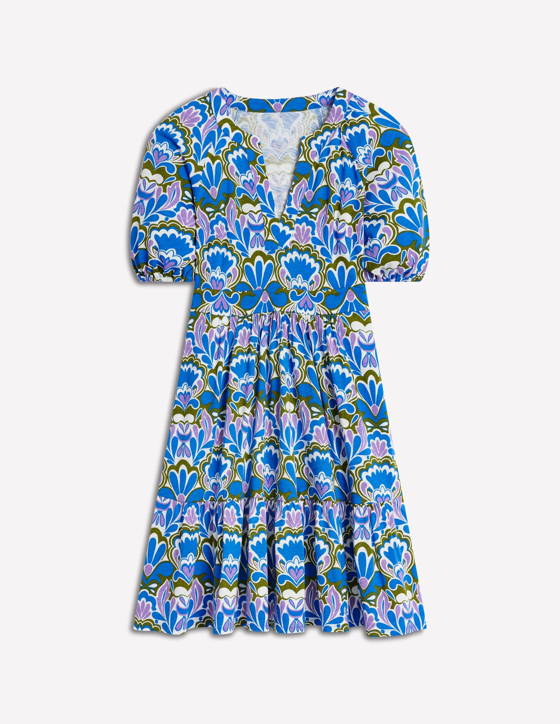 Robe courte Piper en jersey-Bleu martin-pêcheur, motif Freesia