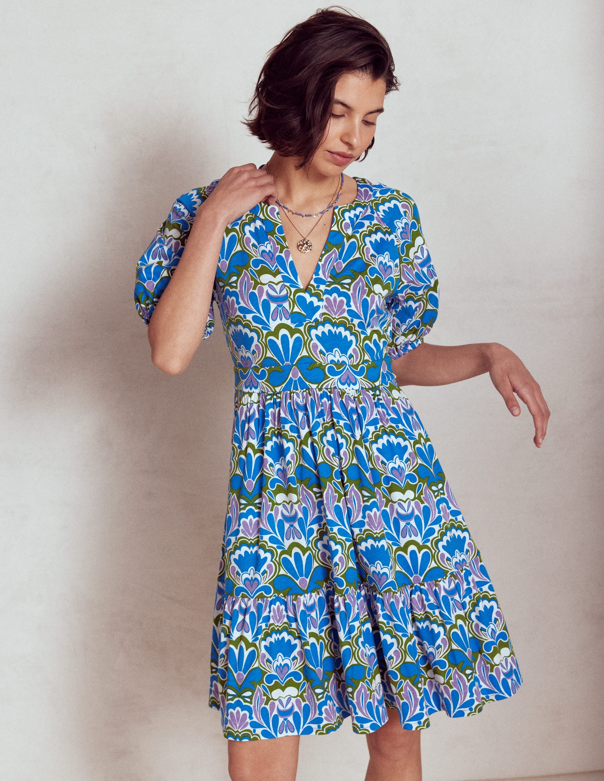 Piper Kurzes Jerseykleid-Eisvogelblau, Freesienstempel - Image 5
