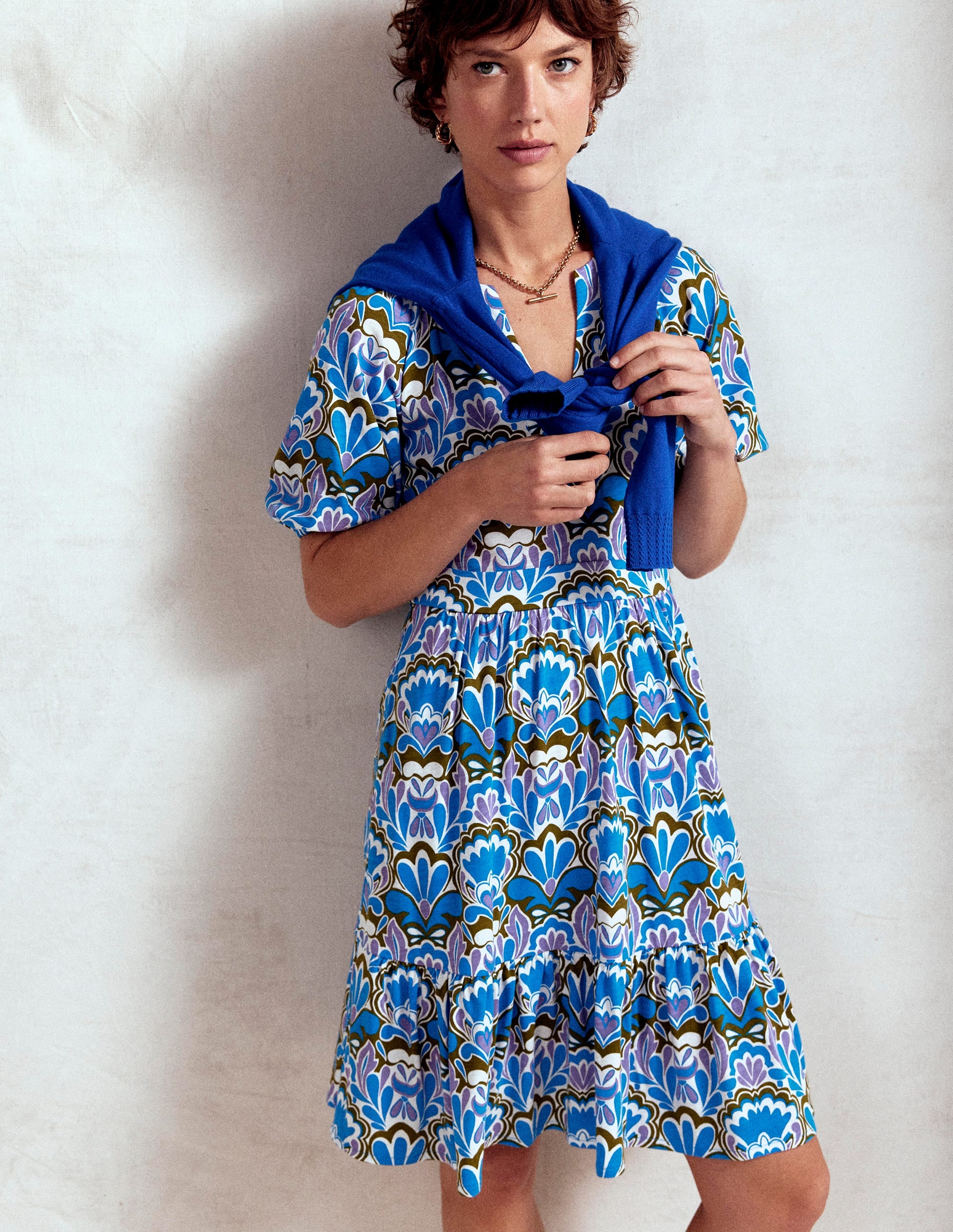 Piper Kurzes Jerseykleid-Eisvogelblau, Freesienstempel - Image 1