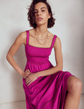 Gesmoktes Maxikleid mit Besatz-Fuchsia