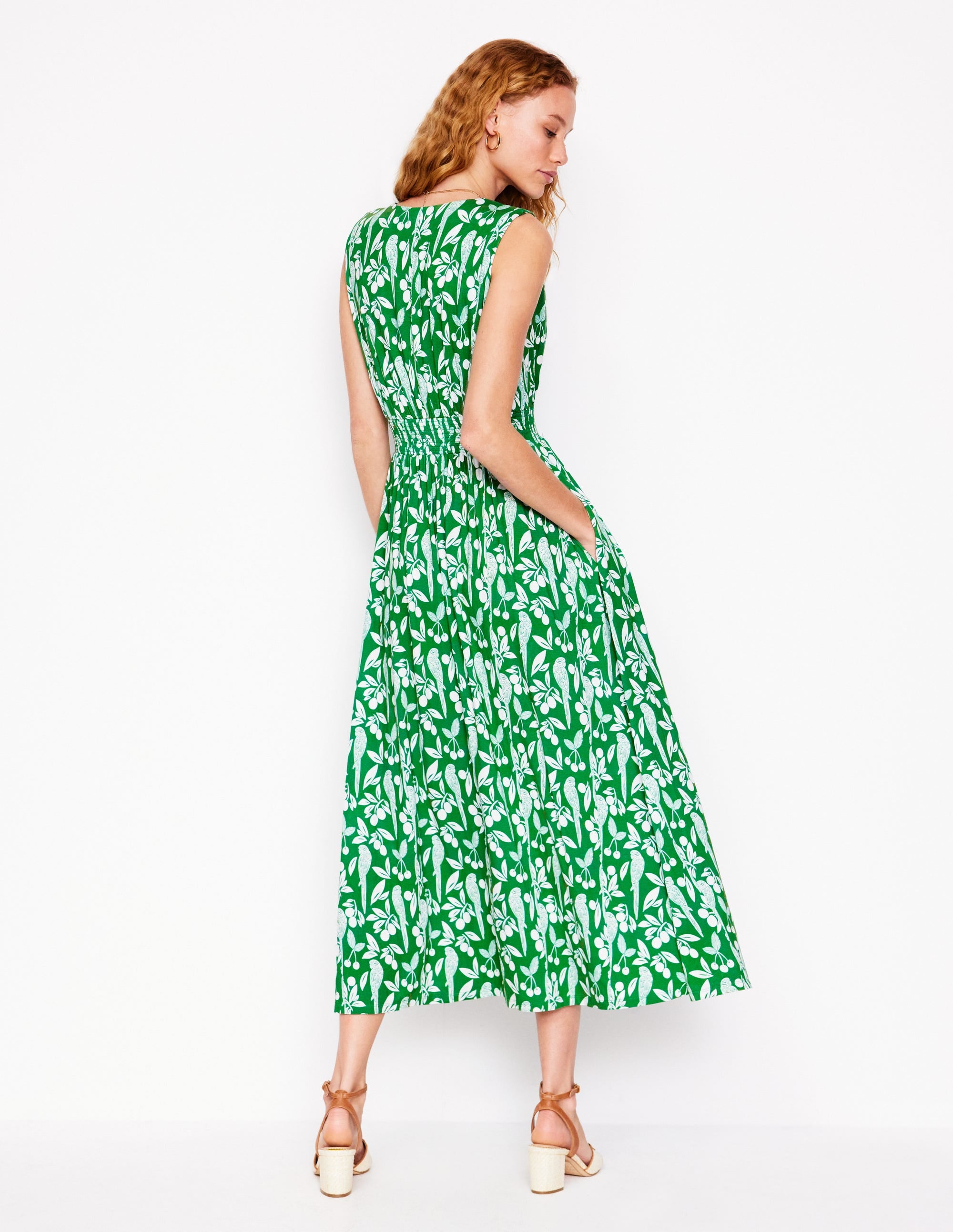 Robe longue Paloma en jersey-Émeraude profond, motif Parrot Pop - Image 3