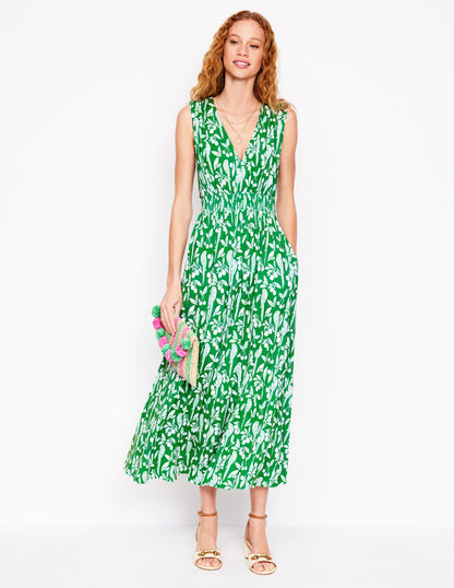 Robe longue Paloma en jersey-Émeraude profond, motif Parrot Pop