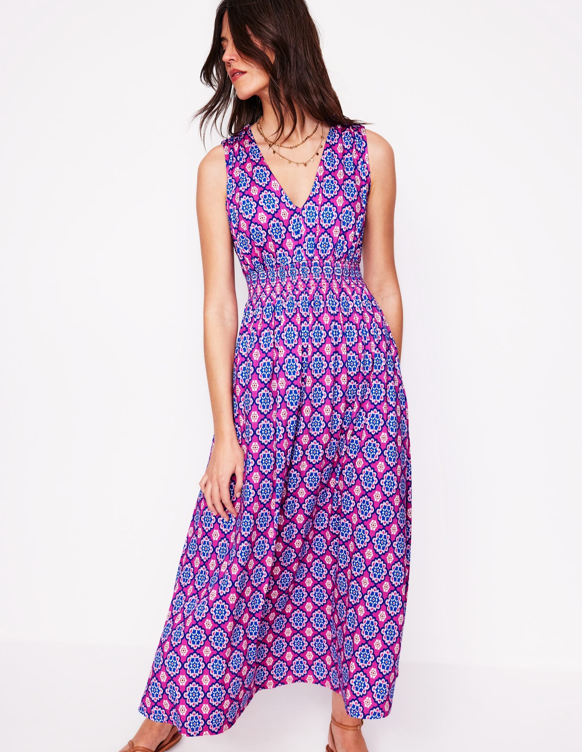 Robe longue Paloma en jersey-Rose cosmos, motif Bloom Geo - Image 1