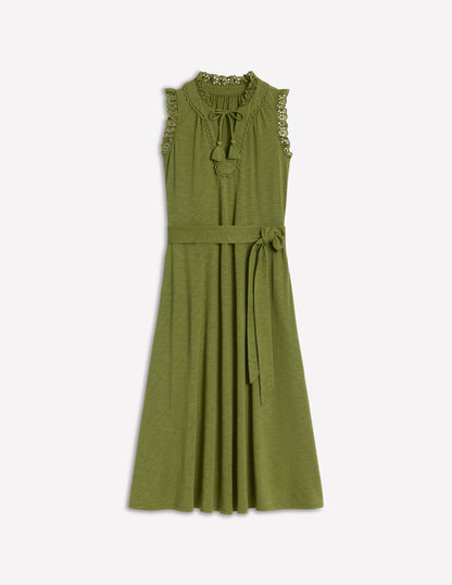 Aria Midikleid mit Lochstickerei-Besatz-Dunkles Olivgrün