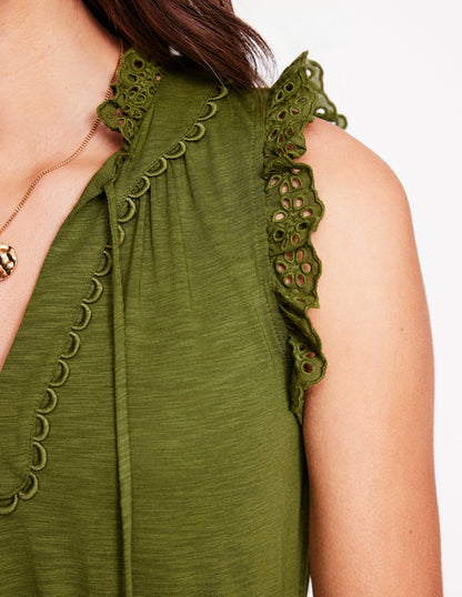 Aria Midikleid mit Lochstickerei-Besatz-Dunkles Olivgrün