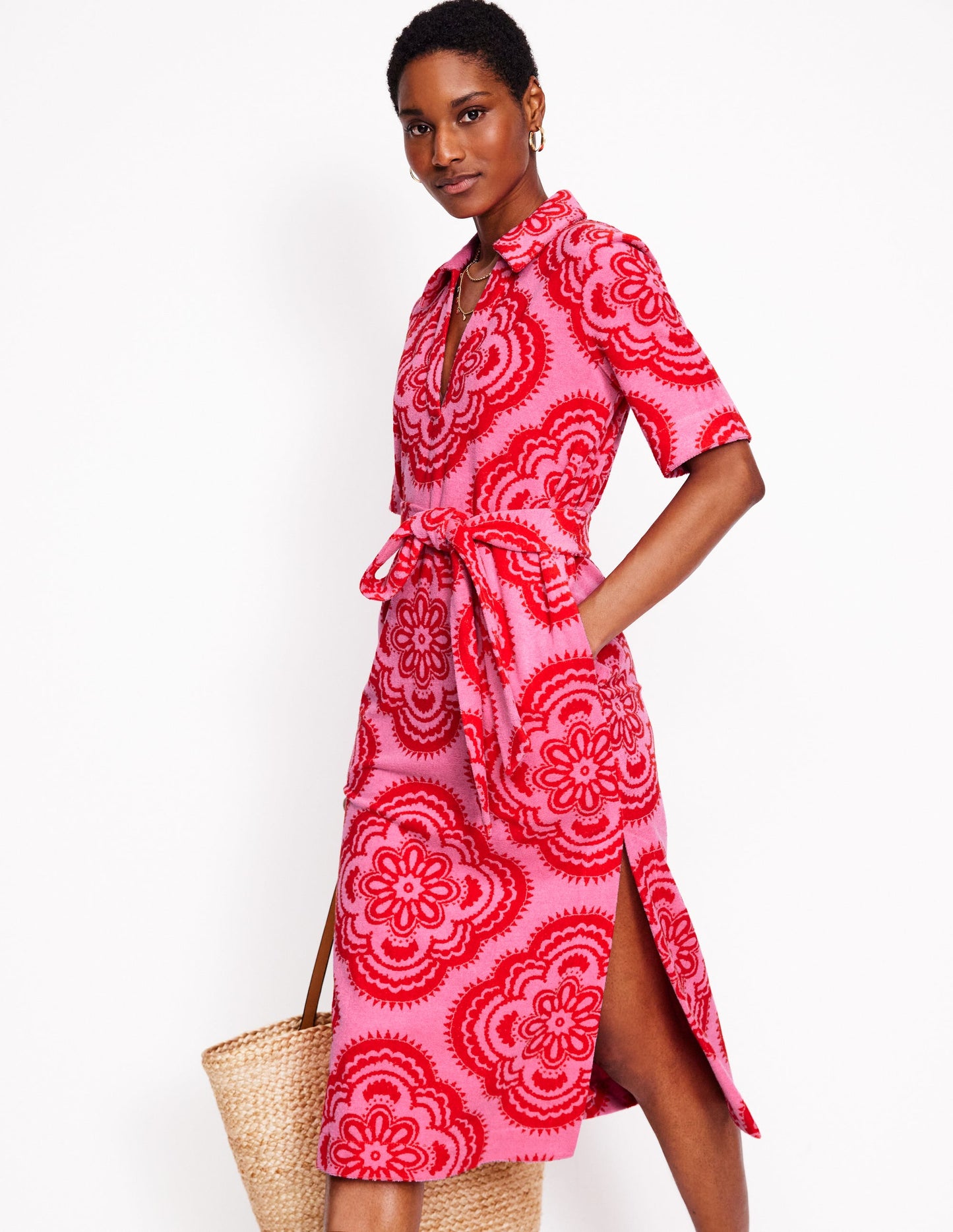 Frotteekleid mit Reverskragen-Rosa Rose, Botanic Blush-Motiv