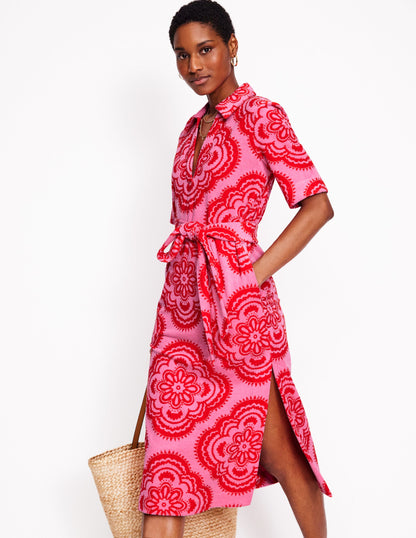 Frotteekleid mit Reverskragen-Rosa Rose, Botanic Blush-Motiv