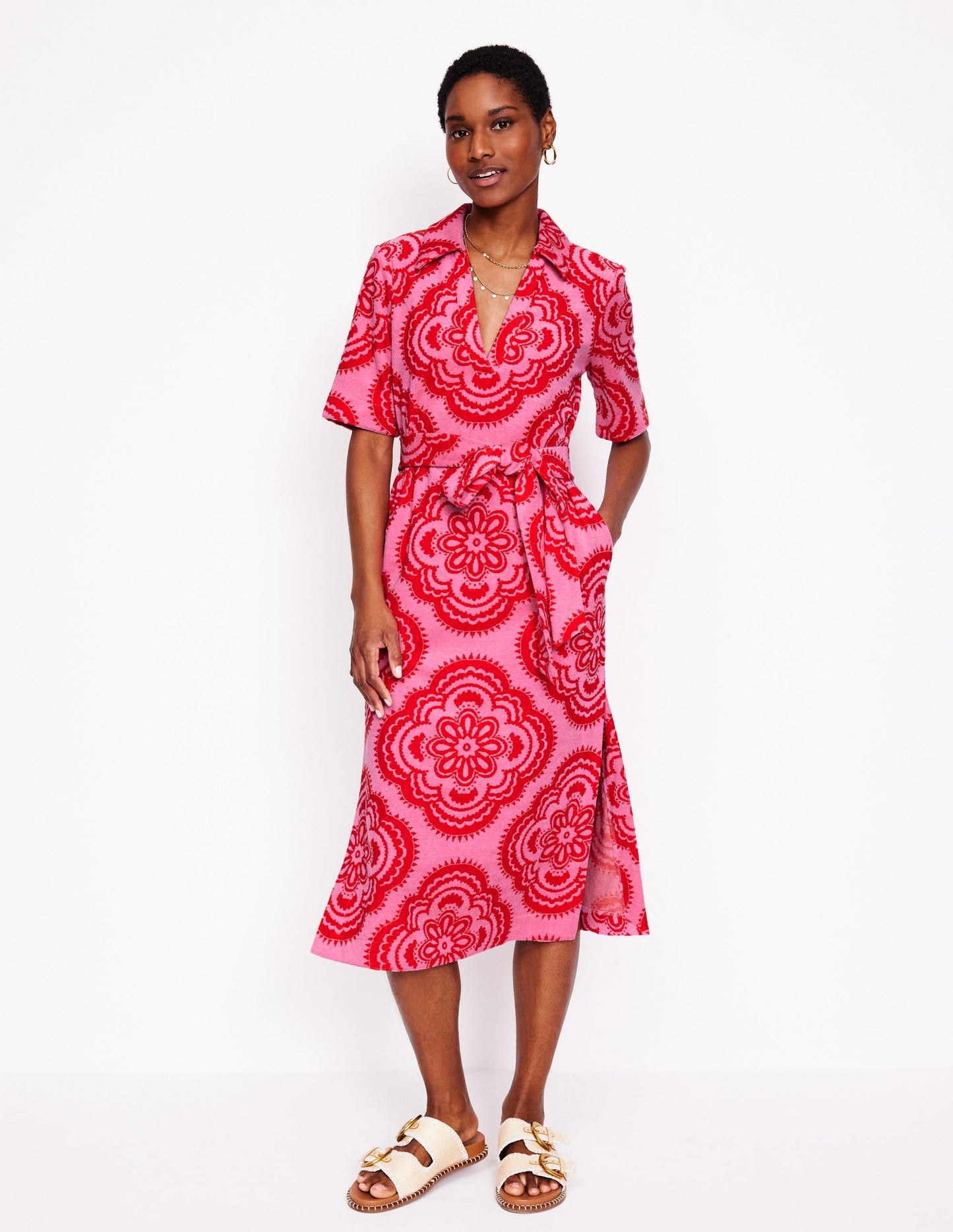 Frotteekleid mit Reverskragen-Rosa Rose, Botanic Blush-Motiv