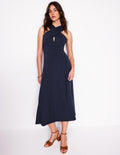 Robe en point de Rome croisée sur le devant-Bleu Marine