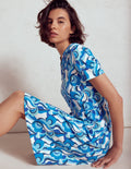 Naomi Kurzärmliges Kleid-Blau, Abstrakte Wirbel