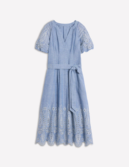 Besticktes Kleid mit Puffärmeln-Graublau Chambray