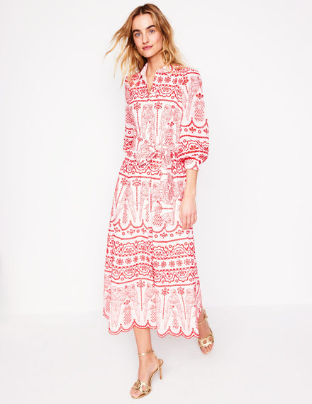 Clara Hemdblusenkleid mit Lochstickerei-Mohnblumenrot, Papageien-Lockstickerei
