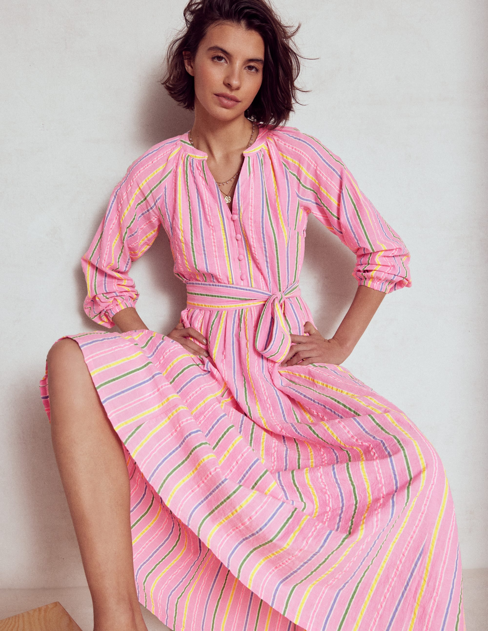 Robe longue Faye en coton-Rose sorbet, rayé seersucker - Image 2