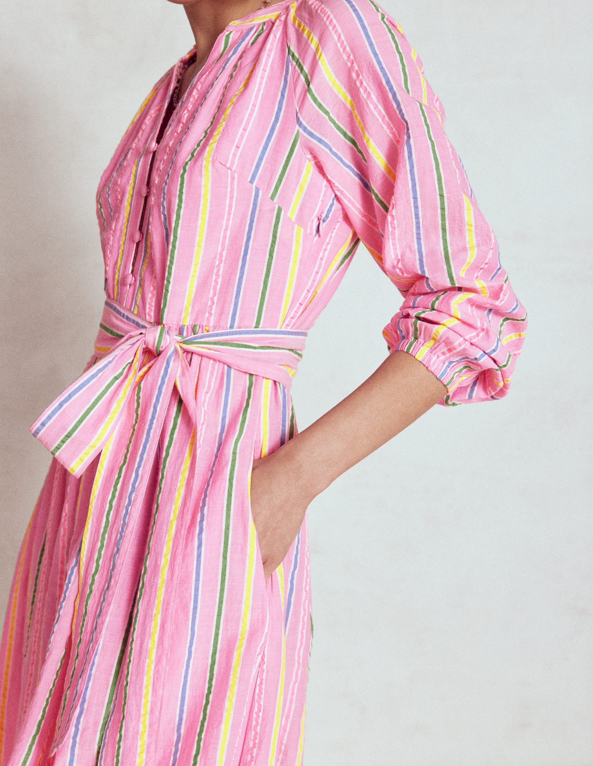 Robe longue Faye en coton-Rose sorbet, rayé seersucker - Image 3