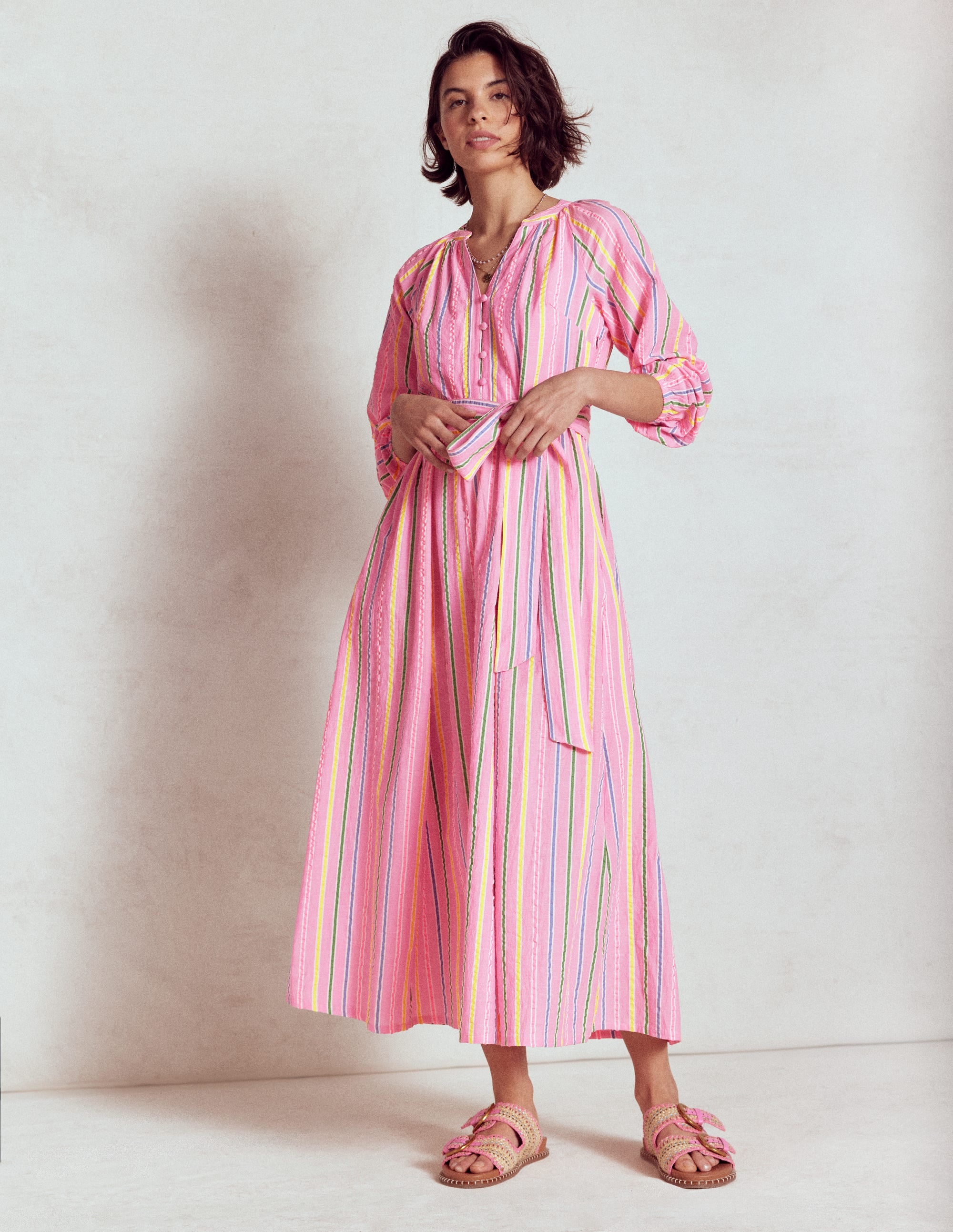 Robe longue Faye en coton-Rose sorbet, rayé seersucker - Image 5