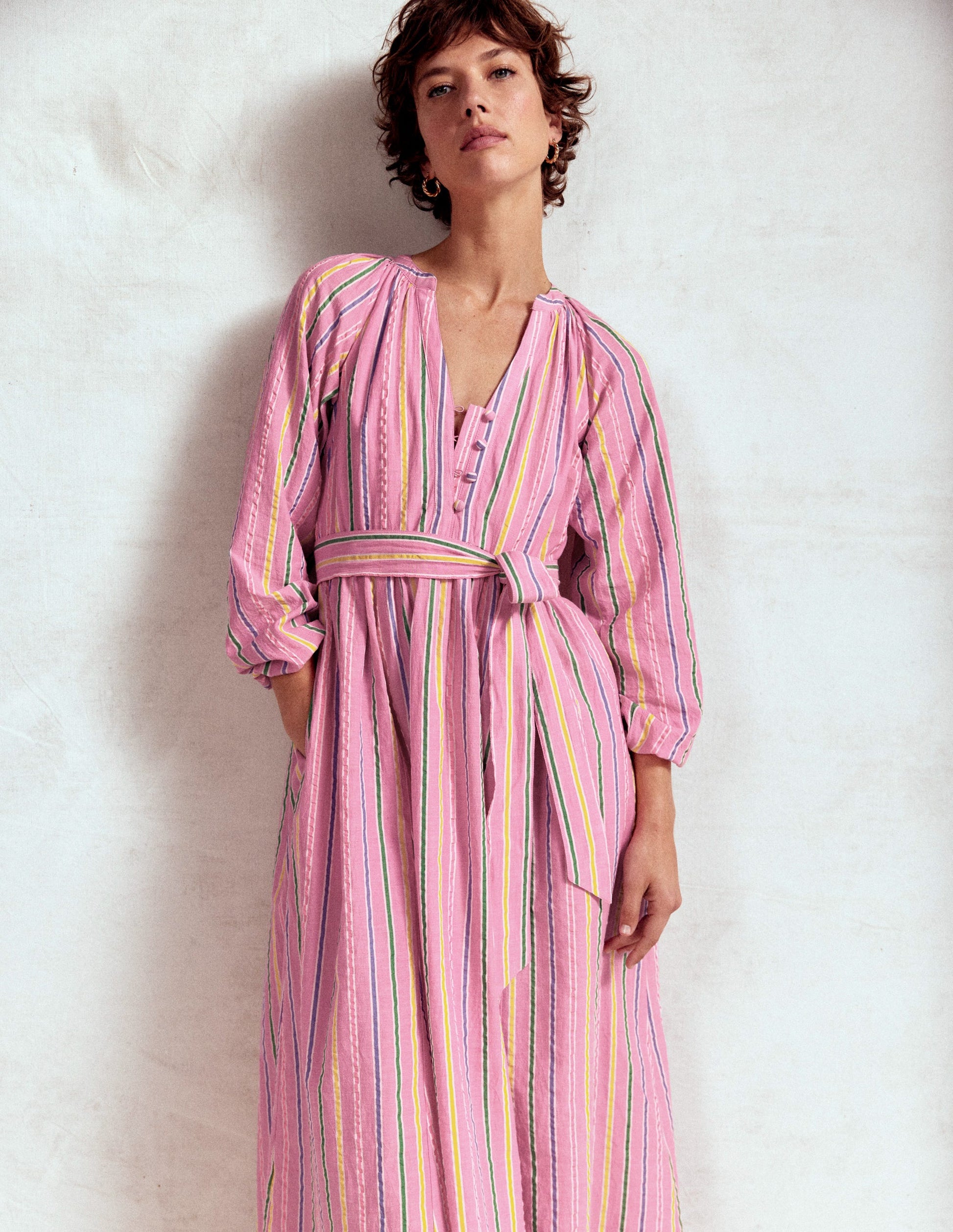 Faye Baumwoll-Maxikleid-Sorbetrosa, Seersucker Streifen-1