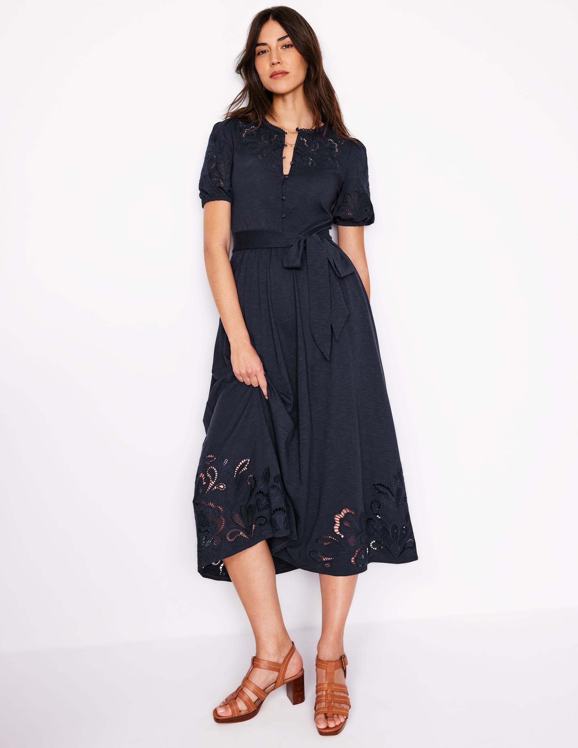 Robe midi ajourée-Bleu marine - Image 1