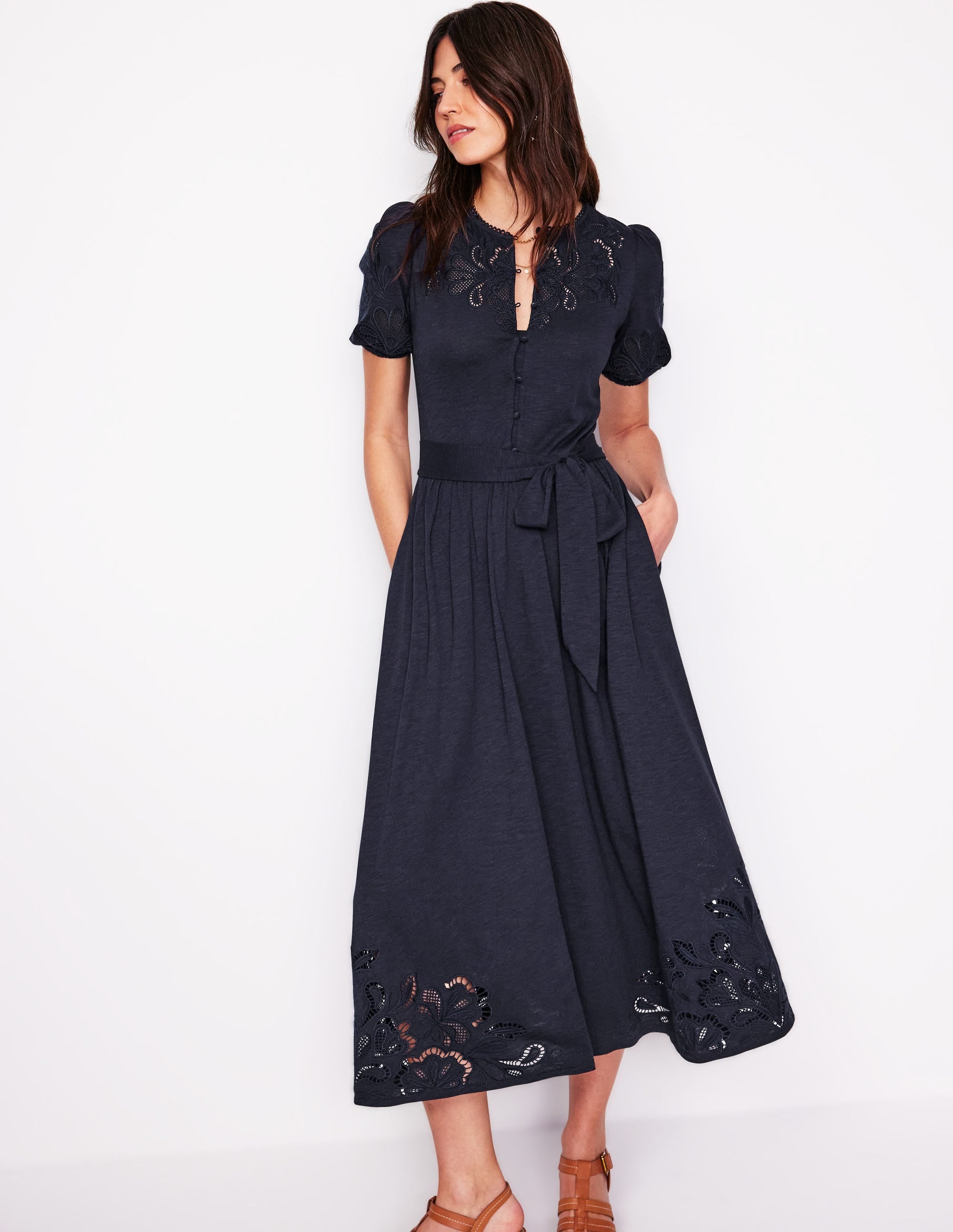 Robe midi ajourée-Bleu marine - Image 4