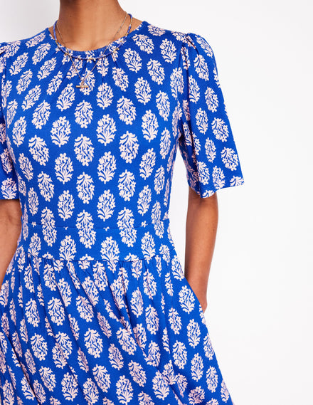 Louisa Kurzes Jerseykleid-Galerie-Blau, Kleiner Blumenstrauß Stempel